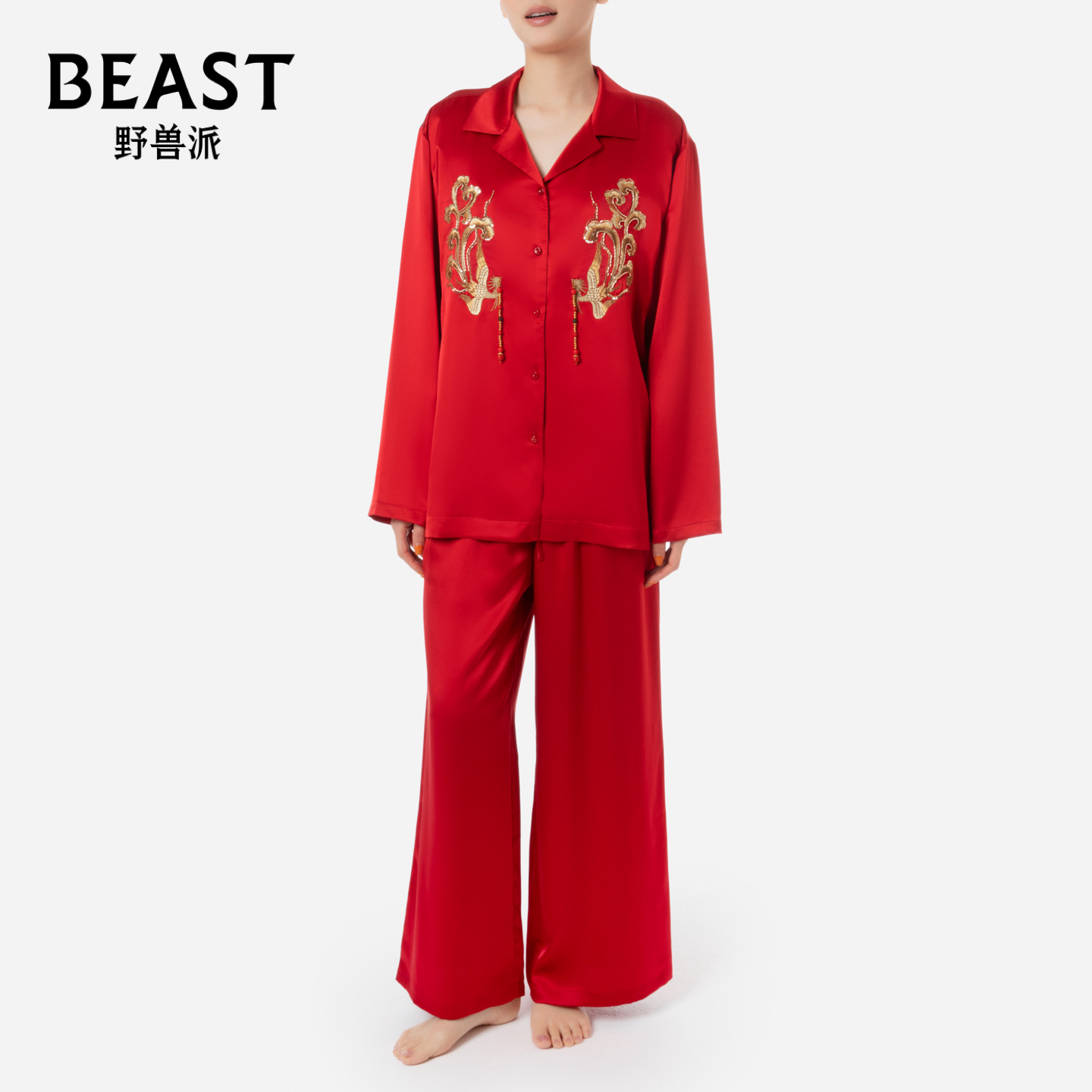 那个野兽野兽派凤红色真丝睡衣礼
