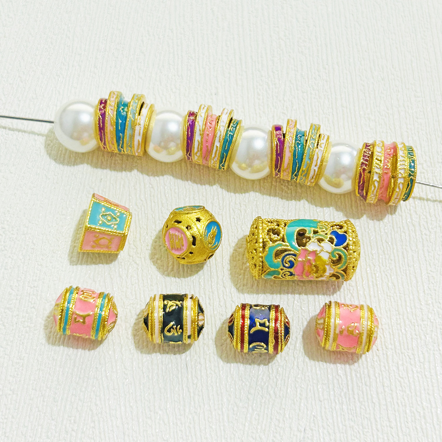 保色沙金配件滴油六字真言桶珠隔珠五条经文散珠手链项链diy配饰