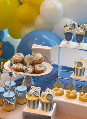 蓝色甜品台条纹纸杯蛋糕插件推推乐蝴蝶结装饰慕斯杯thankyou贴纸