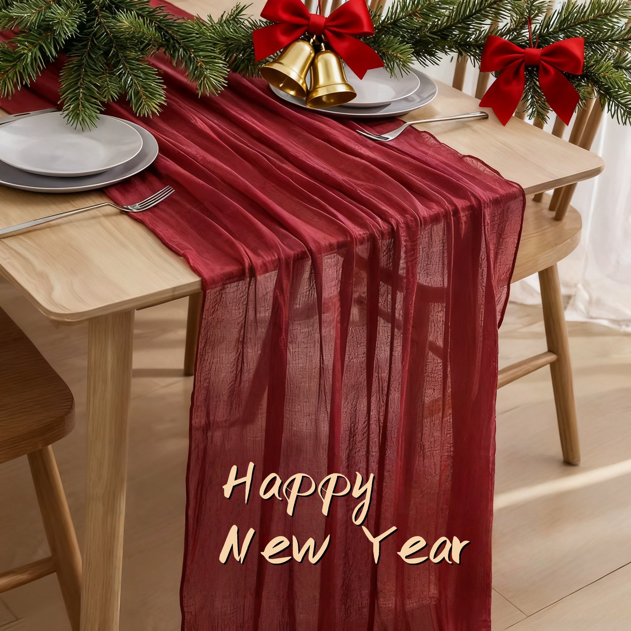 新年温馨褶皱桌布红色蕾丝纱布圣诞节家庭餐桌甜品台布置装饰用品