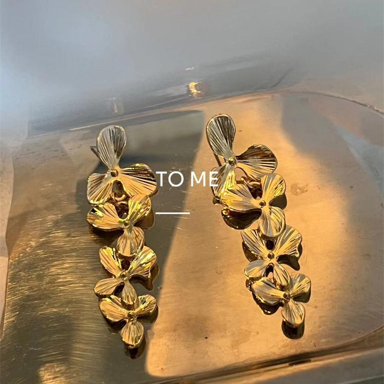 Tome/vintage高级感轻奢质感夸张气质金属花朵流苏耳环无耳洞耳夹