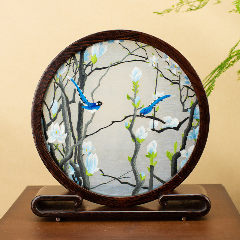 新中式茶几摆件手工双面绣摆台古典酒柜装饰品台屏中国风苏绣礼物