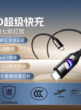 新款镂空65W加粗铜快充数据线RGB氛围灯双TypeC快充头TypeClighting适用于苹果1716华为VIVO小米手机平板传输