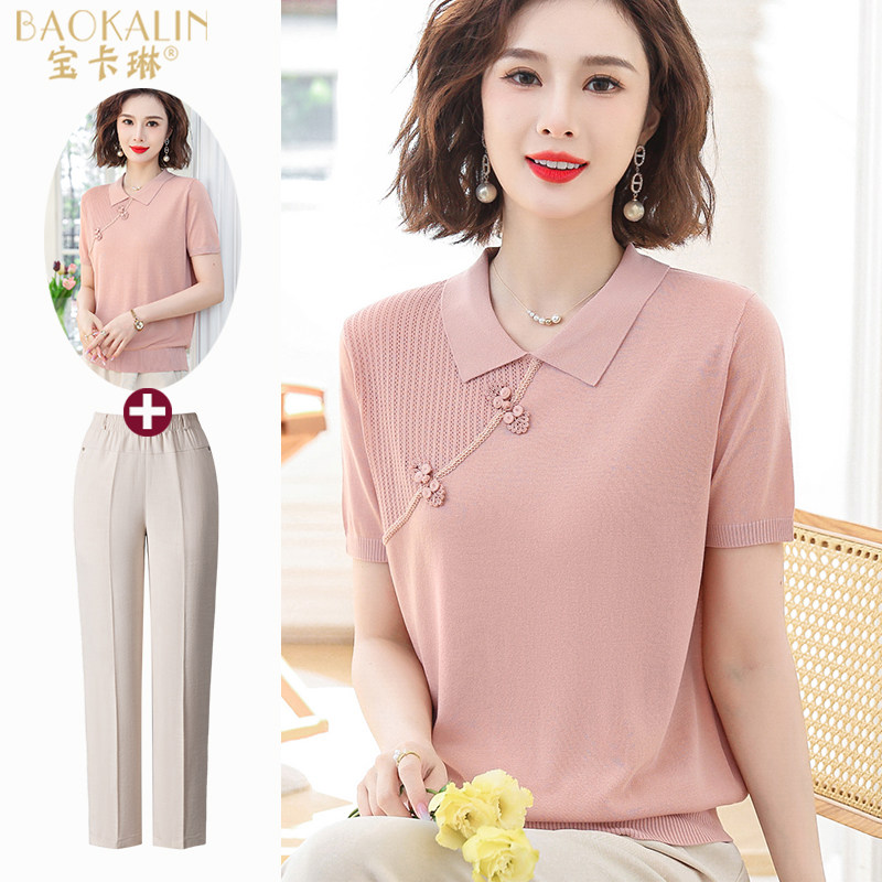 2024新款中年妈妈夏装短袖t恤冰丝中老年人女装夏季套装国风中式