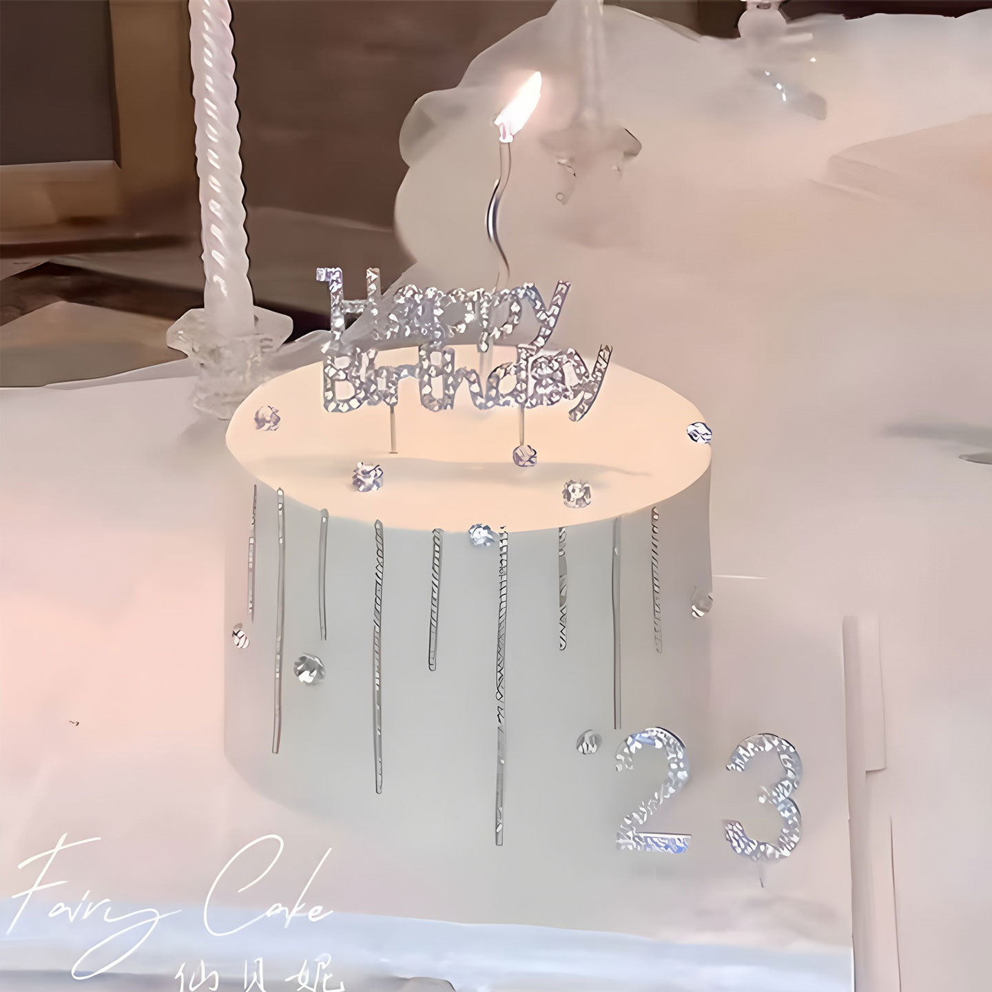 ins风银色珍珠钻石生日蛋糕插牌