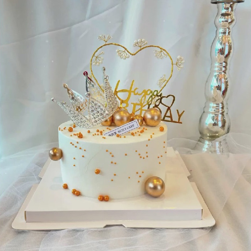 网红公主女孩水晶钻石皇冠蛋糕摆件铁艺爱心珍珠插件生日派对装扮