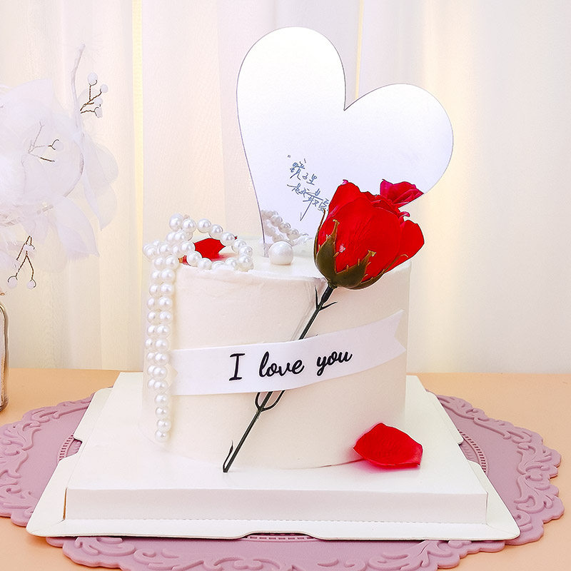 520情人节镜面蛋糕装饰网红爱心镜子摆件软胶love横条甜品台