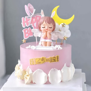 卡通安妮宝贝蛋糕装饰摆件粉色系可爱天使女孩周岁生日装扮插件