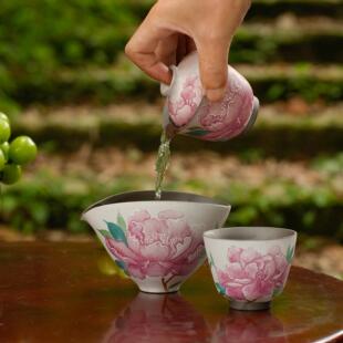 亘古 粉彩牡丹盖碗公道杯主人杯组合三件套茶具泡茶品茗分茶器