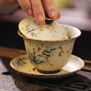 手绘竹子二才盖碗陶瓷茶具釉下彩茶盖碗带盖泡茶精致手工中式喝茶