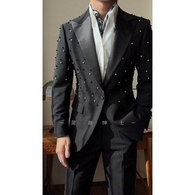 新款重工缎提珠缎面戗脖领轻奢高级感男士西服套装21215