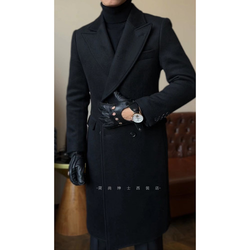 秋冬男士气质中长款52%羊毛厚款戗驳领双排扣羊毛大衣外套1008