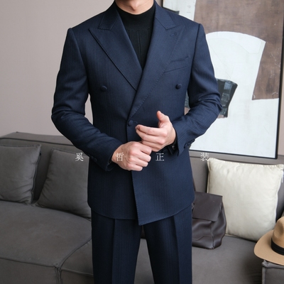新款时尚轻奢风双排扣西装本布扣设计戗驳领西服套装6187