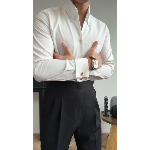 男士百搭透气法式袖扣时尚一片领衬衫048半开领免烫长袖时尚