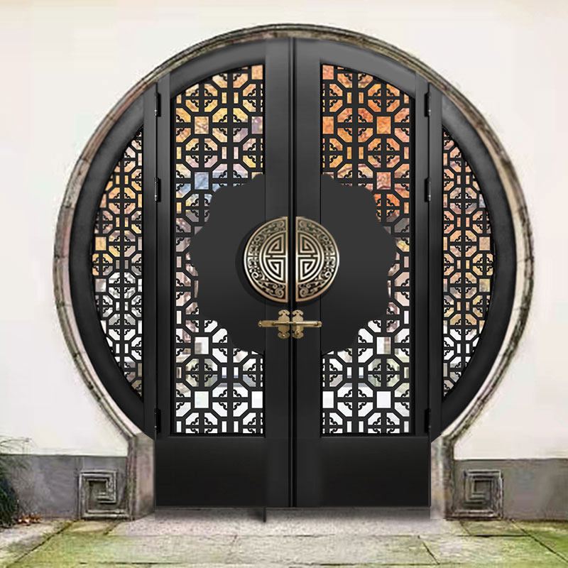 中式月亮门圆形门拱门隔断镂空仿古弧形庭院门苏式徽派门铜拉手