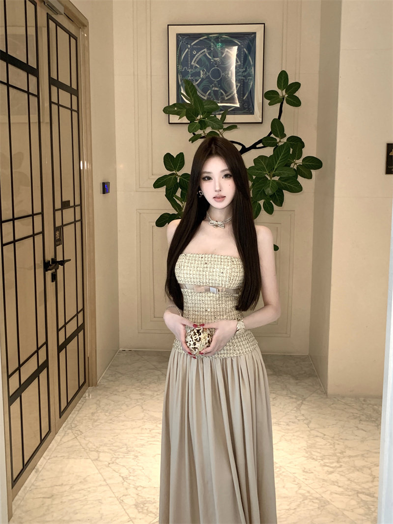 ชุดเดรสเกาะอกสไตล์ชาเนล สำหรับผู้หญิง ใส่เป็นชุดซับในในฤดูร้อน ชุดกระโปรงเซ็กซี่สำหรับวันเกิดหรือออกเดท กระโปรงยาวทรงเอสไตล์ฝรั่งเศส