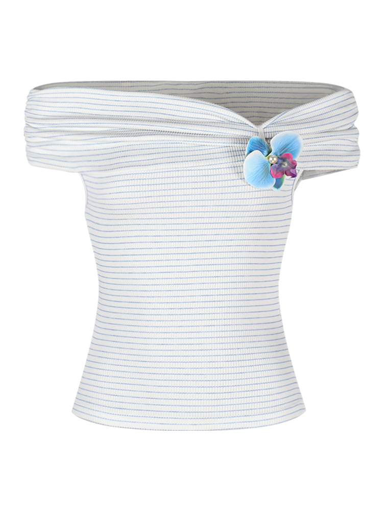 Black Strawberry Striped Off-Shoulder Sleeve T-Shirt For Women Summer 3D Flower Pure Desire Unique Stunning Short Top_voghion.com