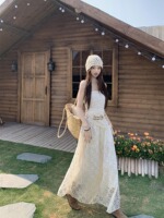 Hollow embroidered tube top dress for women summer French resort style skirt pure lust style retro temperament a line long skirt
