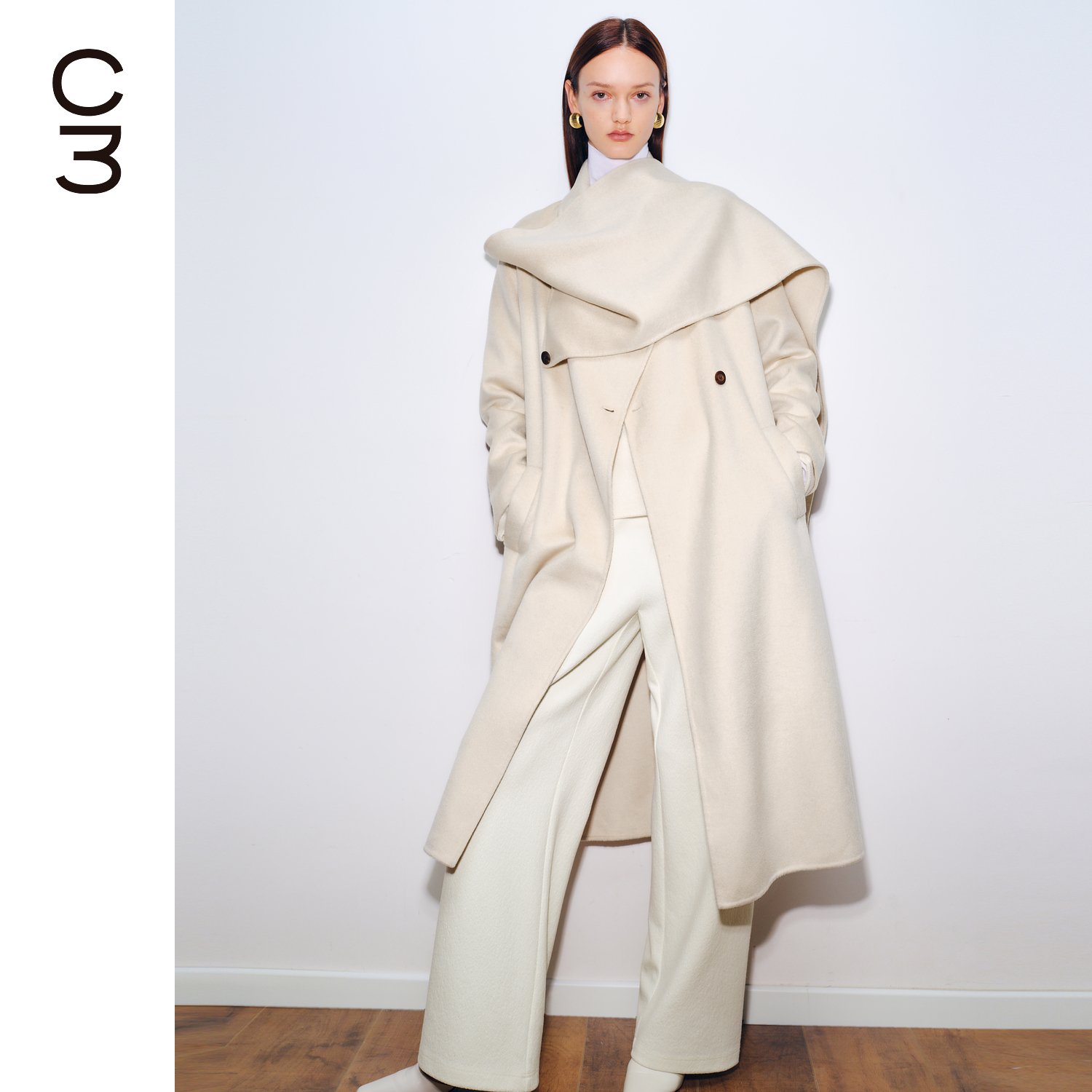 CHICC3 高克重全羊绒双面呢 极简多穿法围巾式圆弧翻领长大衣