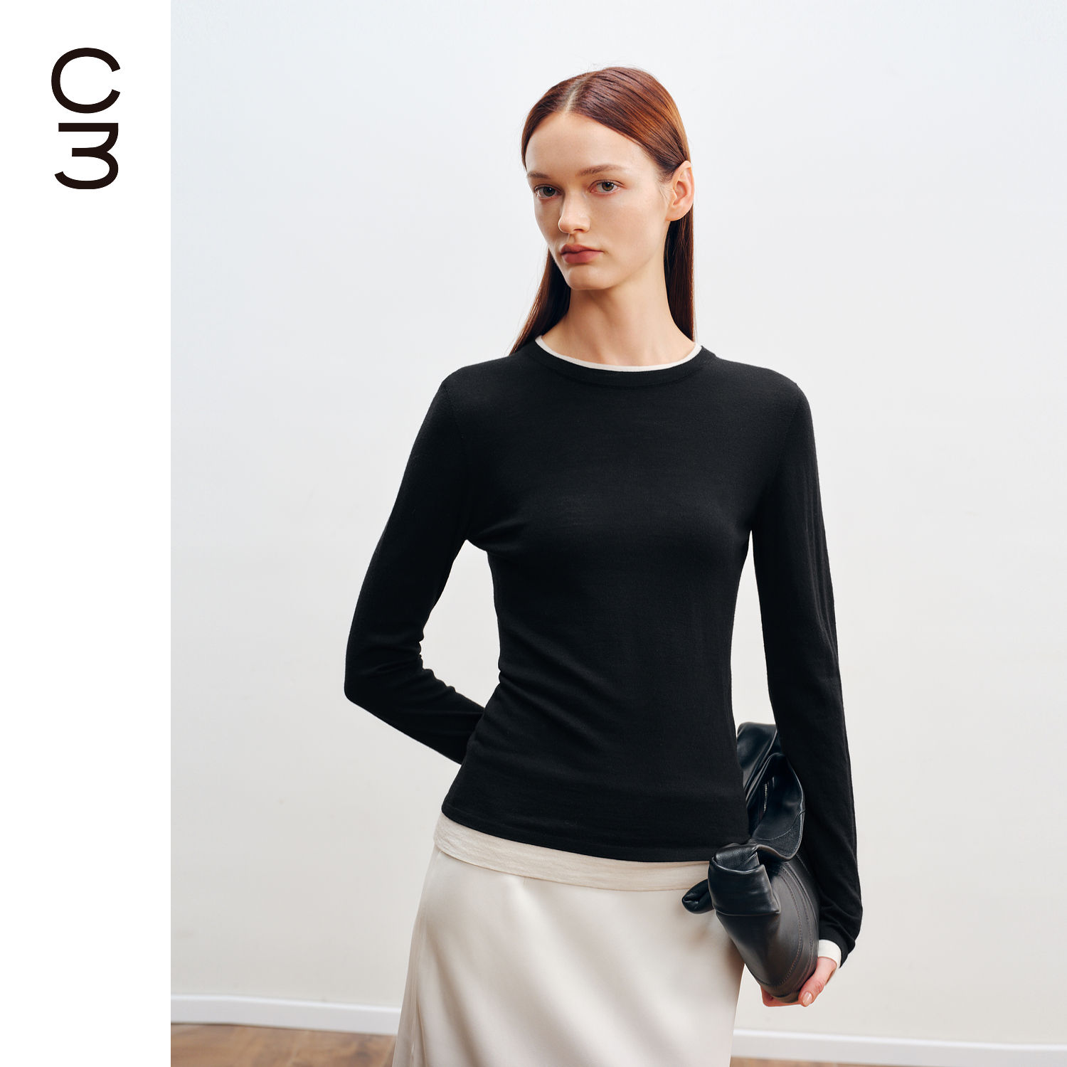 CHICC3扬子精纺羊毛假两件拼色长袖T恤打底衫