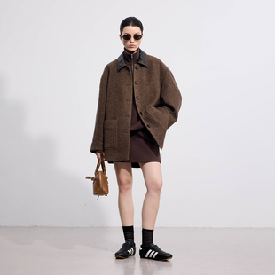 CHICC3复古M1U风羊毛羊驼毛人字纹花呢 拼色擦色羊皮翻领廓形夹克