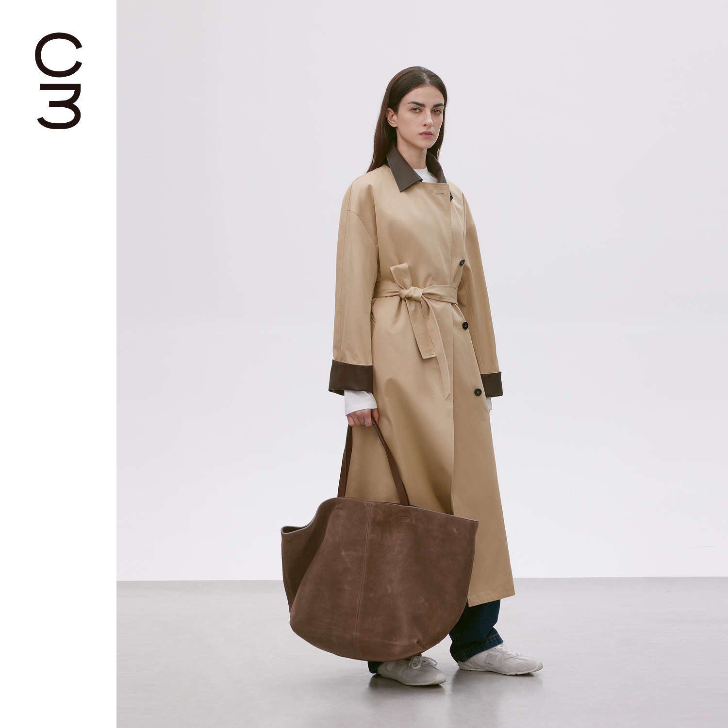 CHICC3拼羊皮高支斜纹廓形高定风衣落肩插肩袖后开叉长款外套