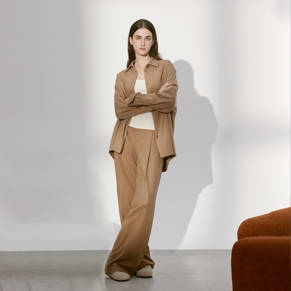 CHICC3 真丝羊毛骆马绒精纺毛呢 经典单褶及地直筒西裤