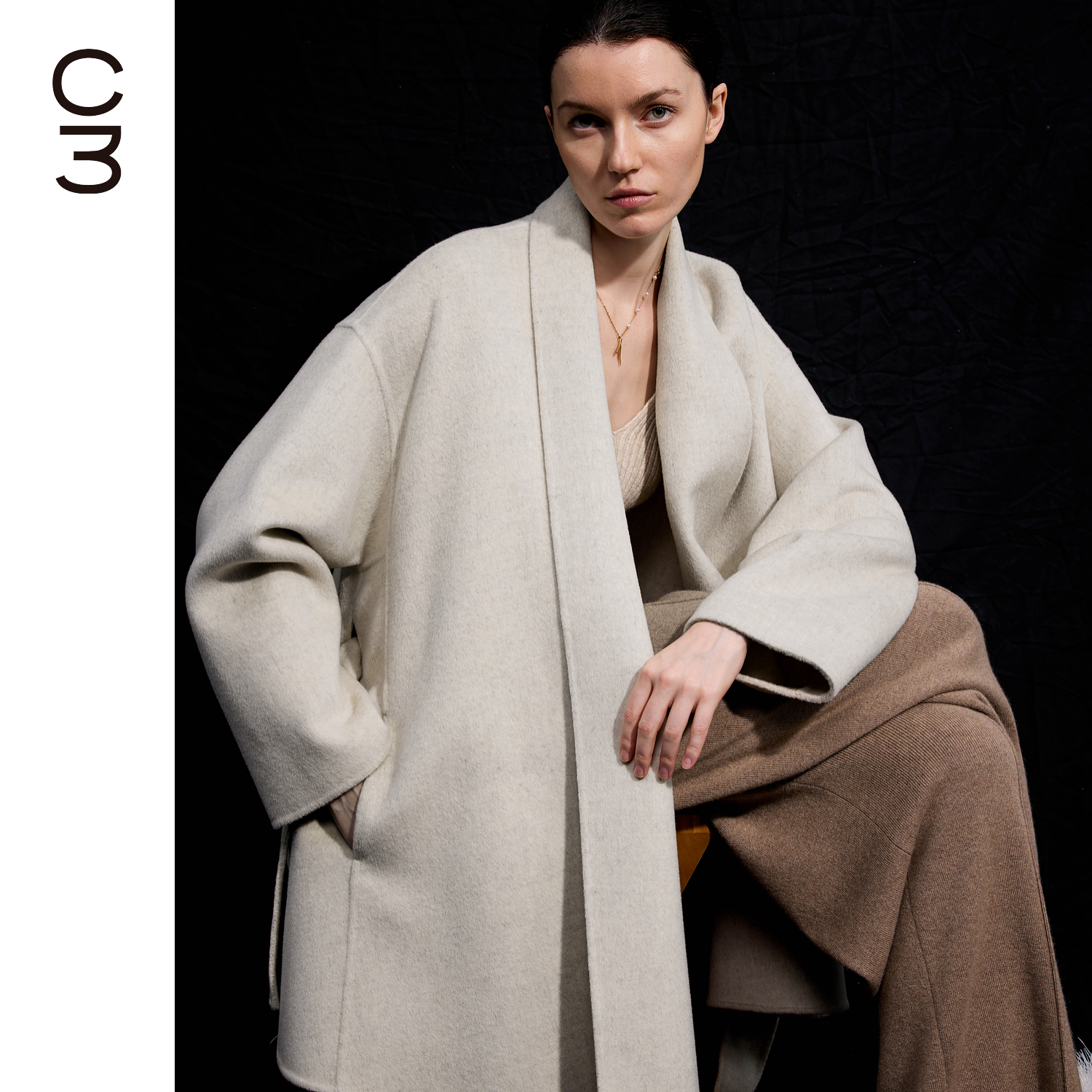 CHICC3高克重羊绒羊毛呢 慵懒R0W围巾领蝙蝠袖腰带大衣