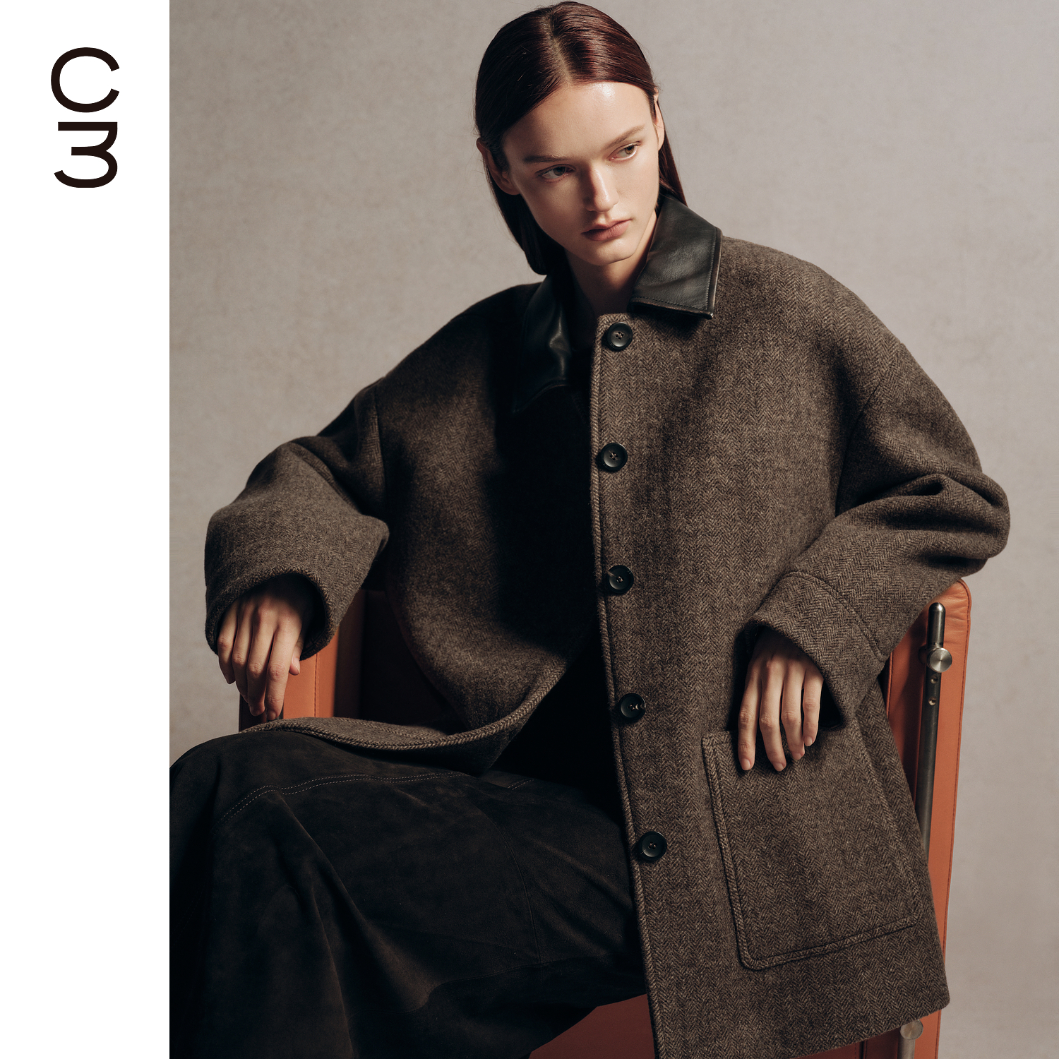 CHICC3复古工装风羊毛骆驼绒人字纹花呢拼色擦色羊皮翻领廓形夹克