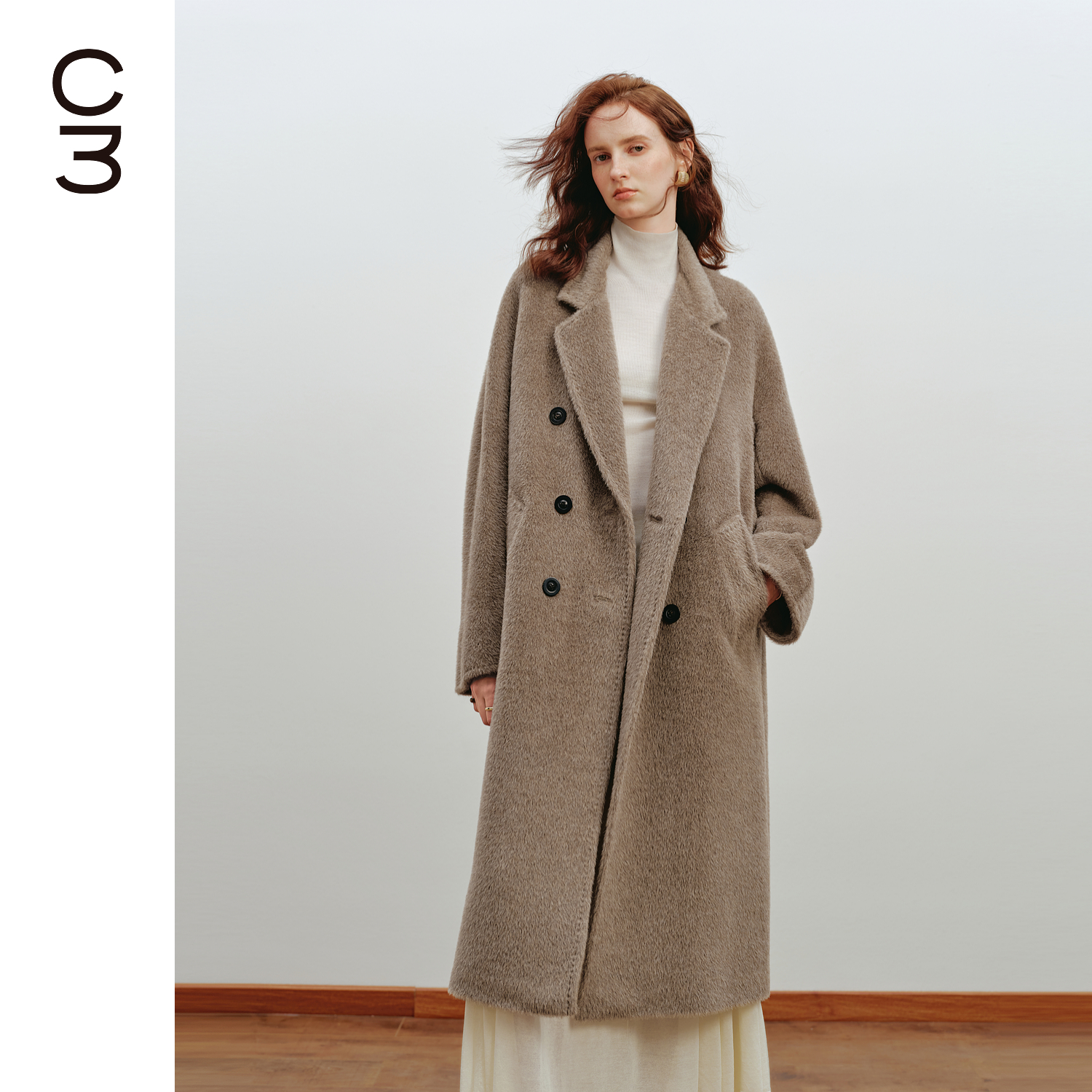 CHICC3阿尔巴卡羊驼毛长款大衣翻领双排扣廓形羊毛外套秋冬战袍