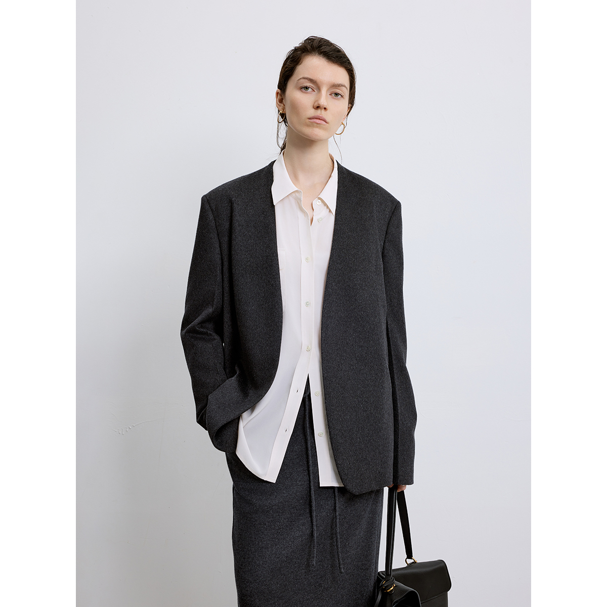 CHICC3甄选进口真丝羊绒羊毛呢面料 经典百搭造型感无领西装外套