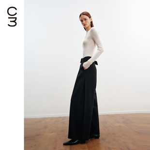 CHICC3高腰侧边压褶轻松打理不易皱西装裤