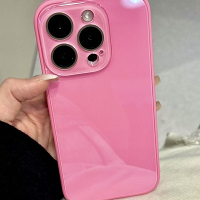 韩风玫粉色玻璃壳带镜头膜适用iPhone17手机壳16promax苹果15/14/13高级简约