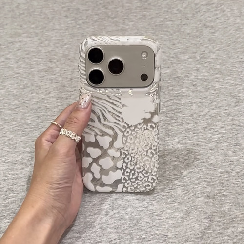 高级感银灰色豹纹拼接适用iPhone17手机壳16promax苹果15韩系小众