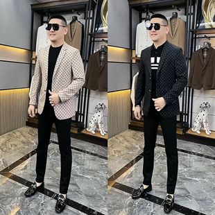 外套男男款 休闲西装 上衣礼服上衣潮 印花西服春季 2106欧货早秋男士