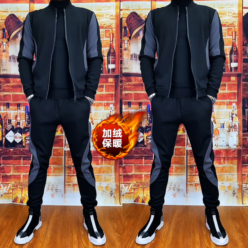 秋冬加绒保暖拼色立领修身卫衣