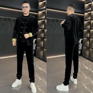 秋季 金丝绒两件套立领中国风唐装 男款 中式 休闲两件 新款 3140抖快版