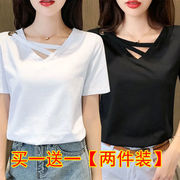 Single/two-piece cotton short-sleeved t-shirt women's V-neck solid color summer Korean version slim all-match bottoming shirt half-sleeve top