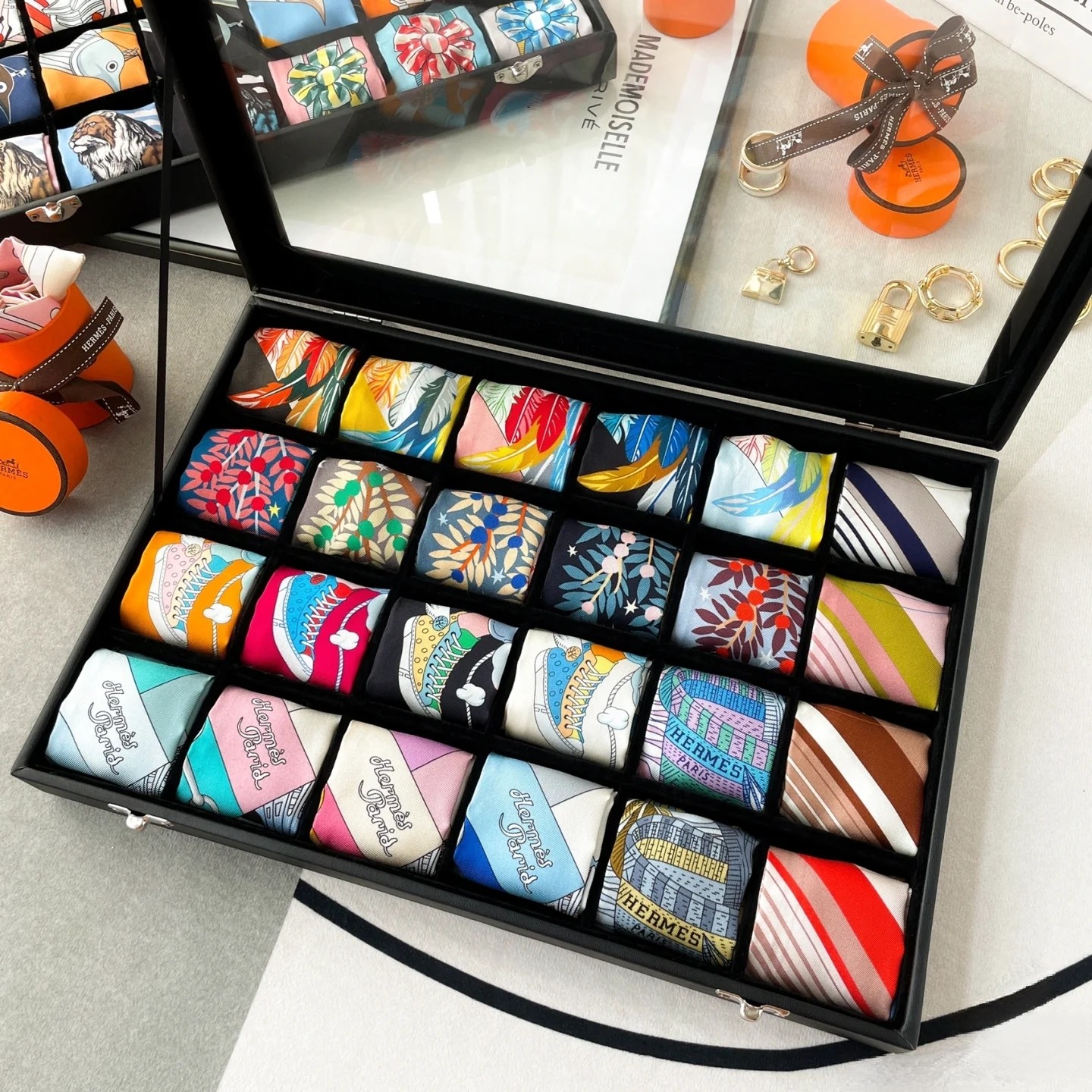 透明玻璃盖子发带丝巾整理盒店铺柜台飘带领巾领带收纳整理展示盒