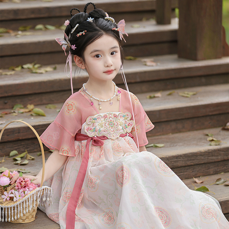 女童汉服夏季2025新款儿童古装超仙裙子粉色中国风女孩六一演出服