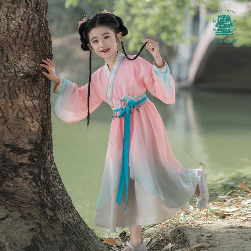 女童汉服粉色连衣裙2025春秋新款魏晋古风交领儿童古装演出服唐装