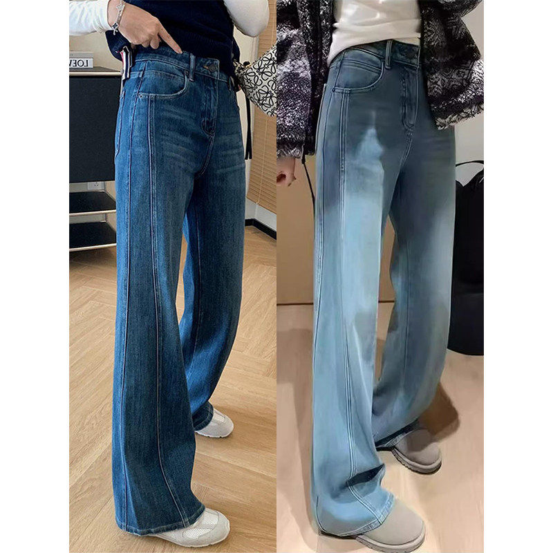 蓝色弹力微喇牛仔裤女春季新款胖妹妹梨形身材裤子宽松显瘦直筒裤
