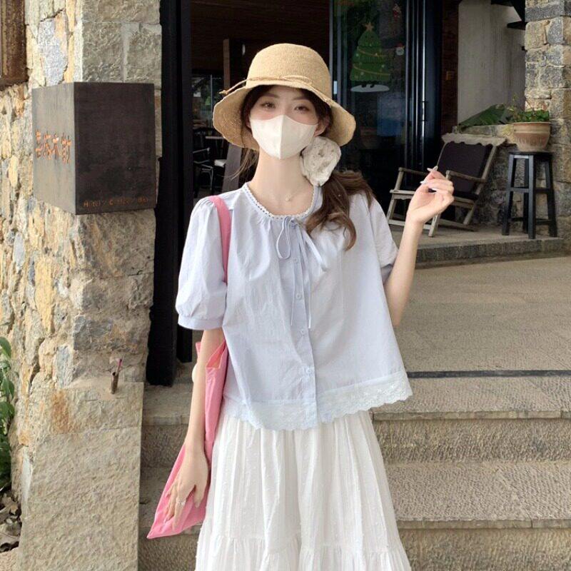 蓝色短款上衣女夏季多巴