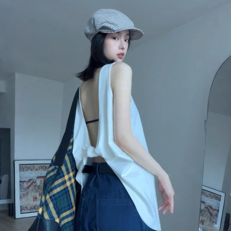 辣妹白色V领后背扭结背心女夏季慵懒风松弛外穿宽松露背无袖上衣