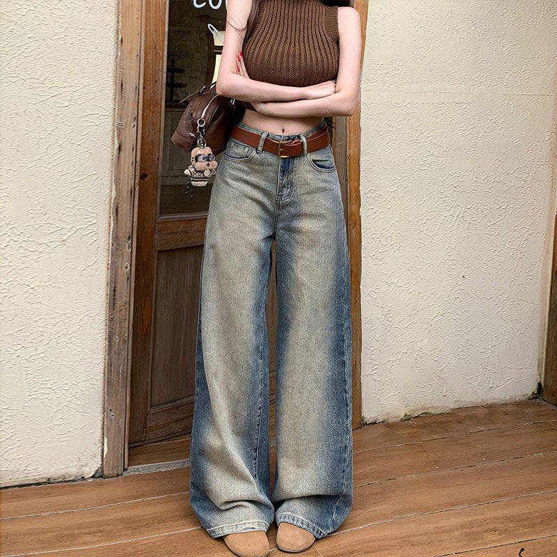 做旧晕染撞色阔腿牛仔裤女2026夏季高腰垂感脏脏长裤