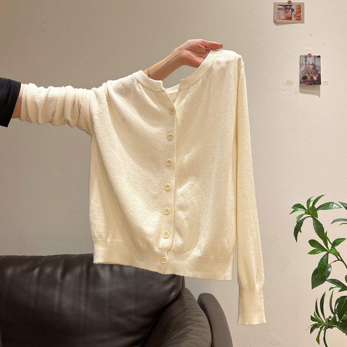 韩系杏色圆领长袖针织小开衫2026早春季新款宽松薄外套T恤上衣女