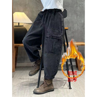 秋冬加绒加厚大码宽松休闲百搭复古外穿牛仔裤女新款高腰水洗九分