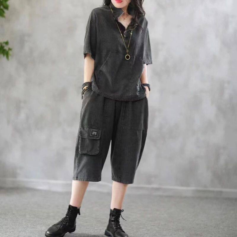 大码女装夏季牛仔套装宽松显瘦短袖减龄MM六分舒适通勤两件装潮流
