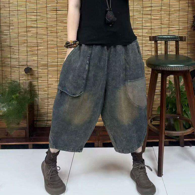 夏季新款复古水洗牛仔七分裤女宽松牛仔口袋大尺码拼接休闲哈伦裤
