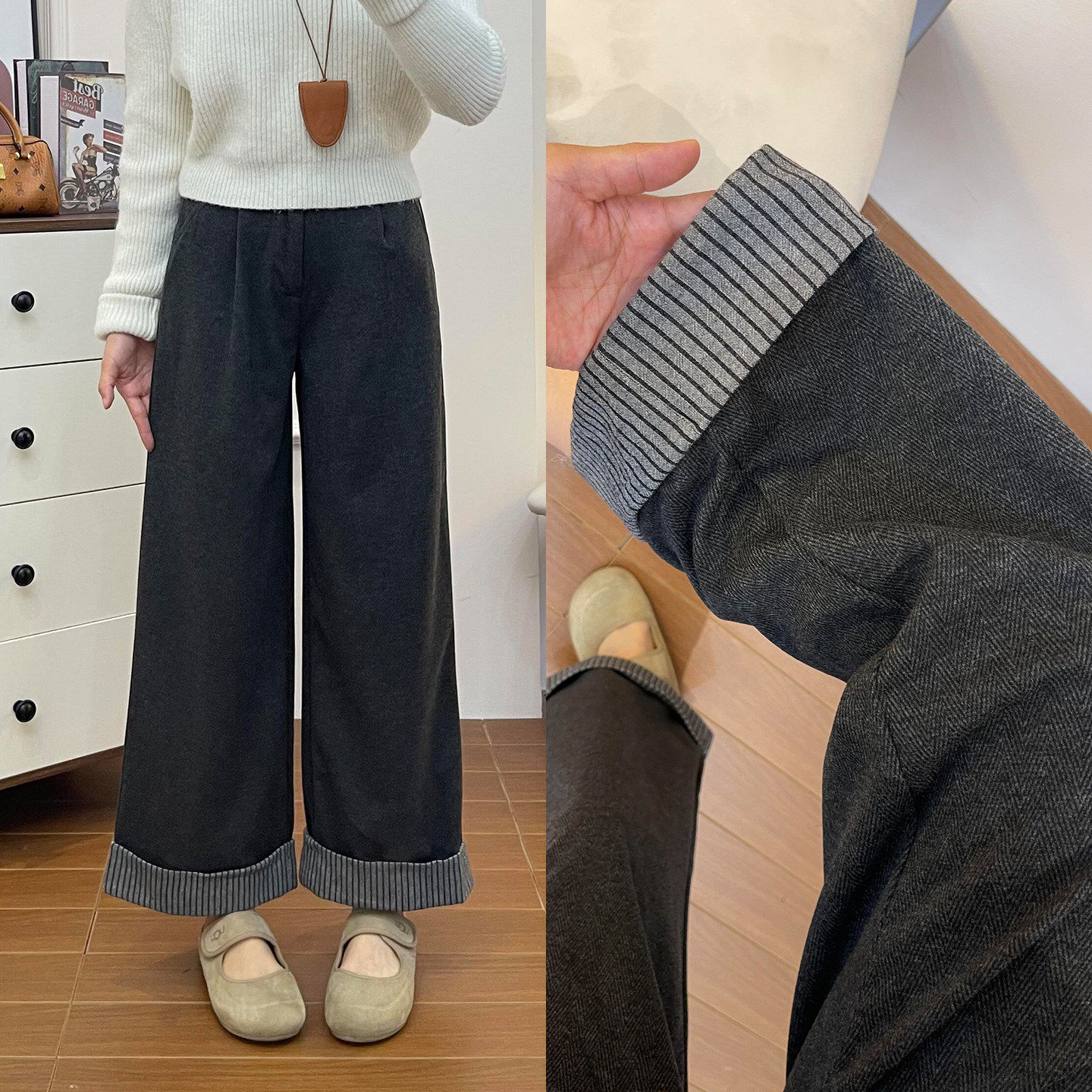 灰色毛呢休闲裤女春夏新